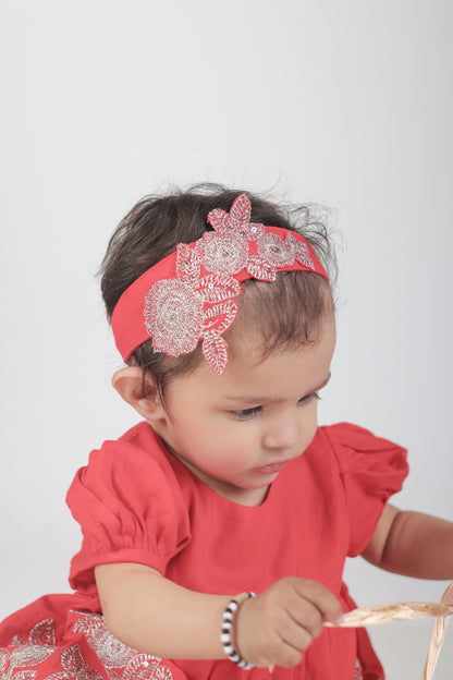 Jamana Girl Red With Flower Embroidery With Pant Set