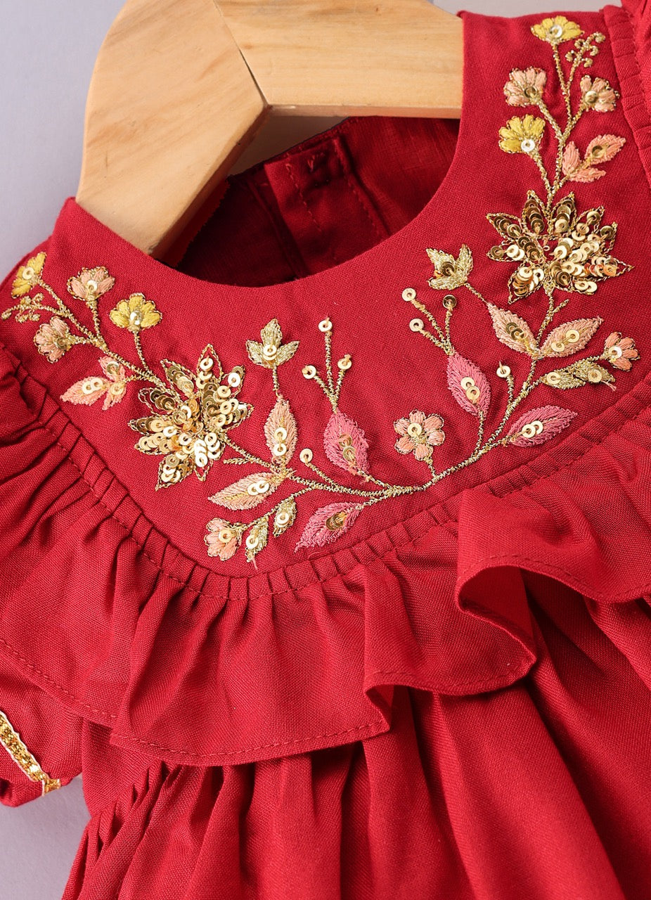 Jamana Girl Red With Heavy Flower Embroidery On Top With Pant Set