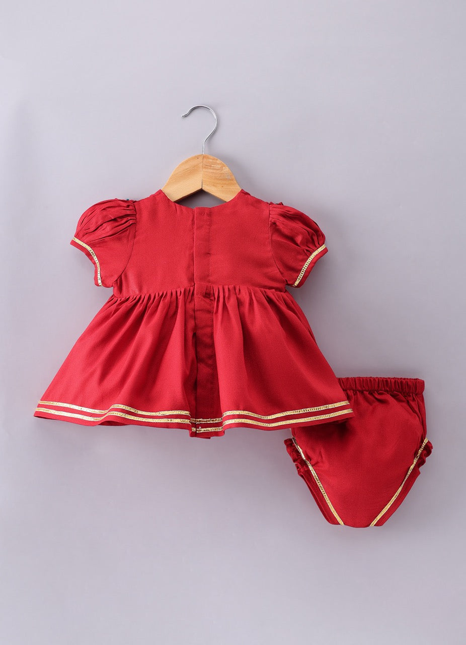 Jamana Girl Red With Heavy Flower Embroidery On Top With Pant Set