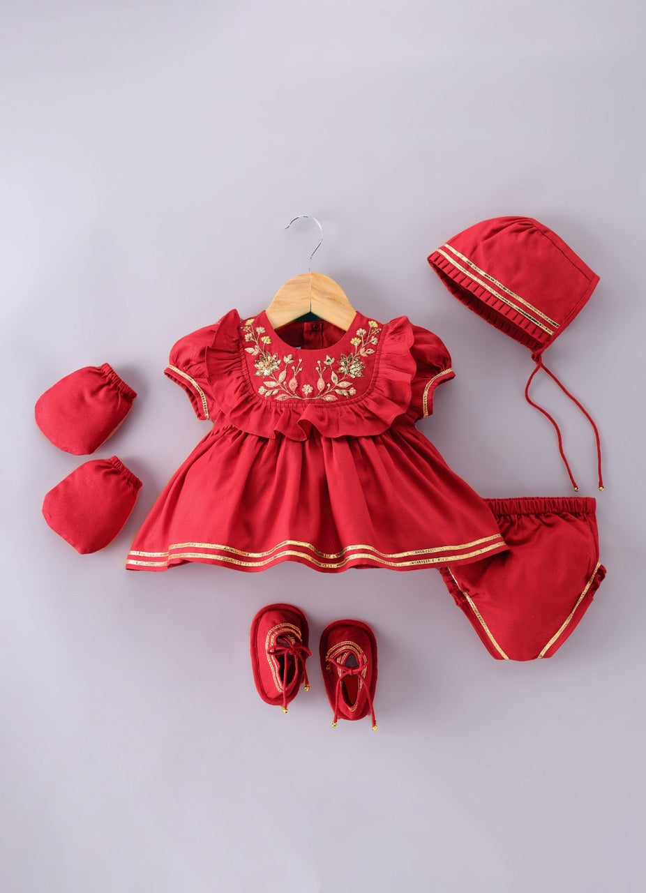 Jamana Girl Red With Heavy Flower Embroidery On Top With Pant Set