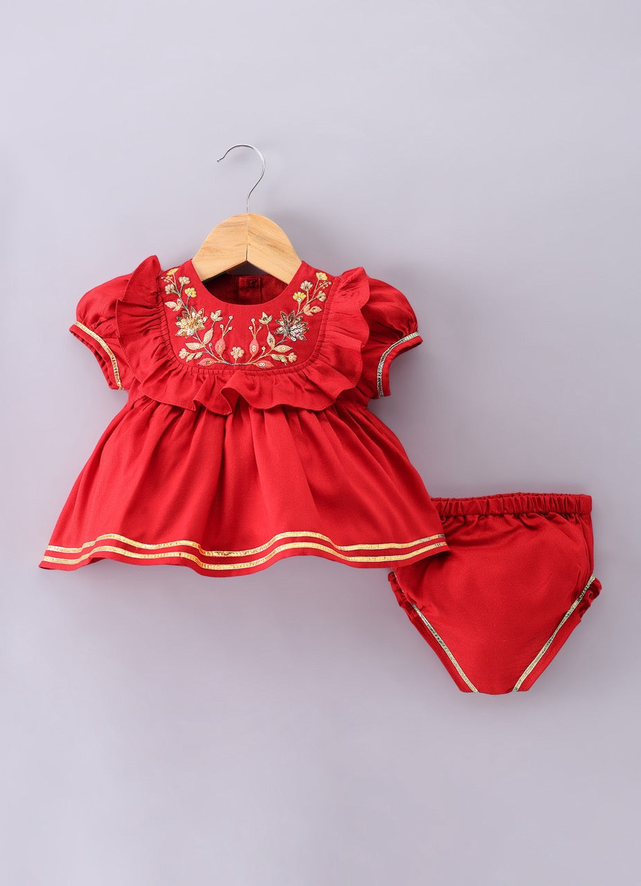 Jamana Girl Red With Heavy Flower Embroidery On Top With Pant Set