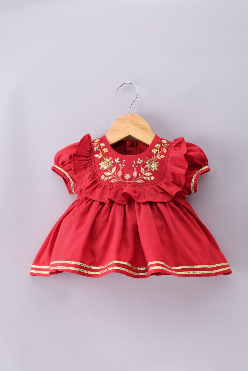 Jamana Girl Red With Heavy Flower Embroidery On Top With Pant Set