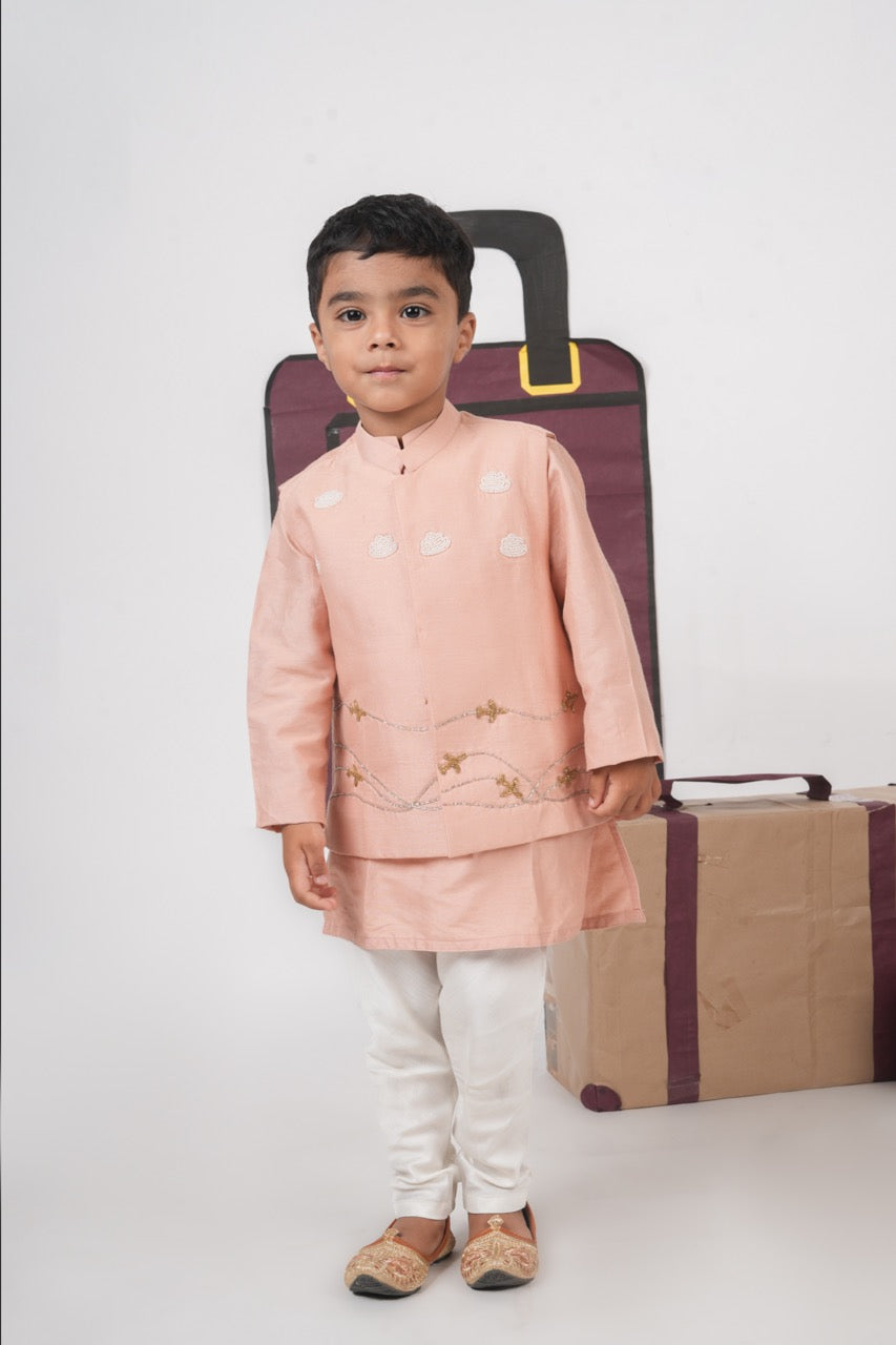 Onion Pink Kurta With Aeroplane/Clouds Hand Embroidered Bundi Jacket With Pajama Set