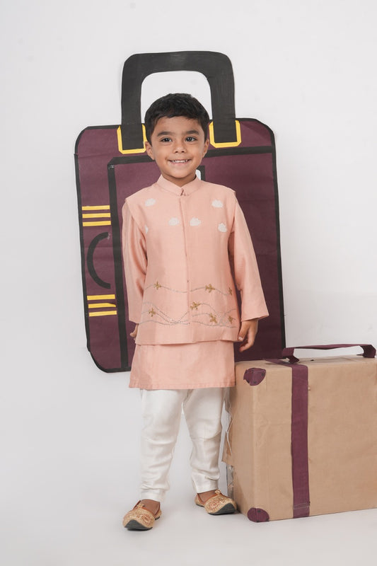 Onion Pink Kurta With Aeroplane/Clouds Hand Embroidered Bundi Jacket With Pajama Set