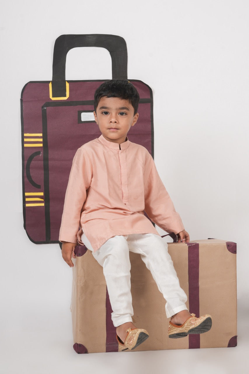 Onion Pink Kurta With Aeroplane/Clouds Hand Embroidered Bundi Jacket With Pajama Set