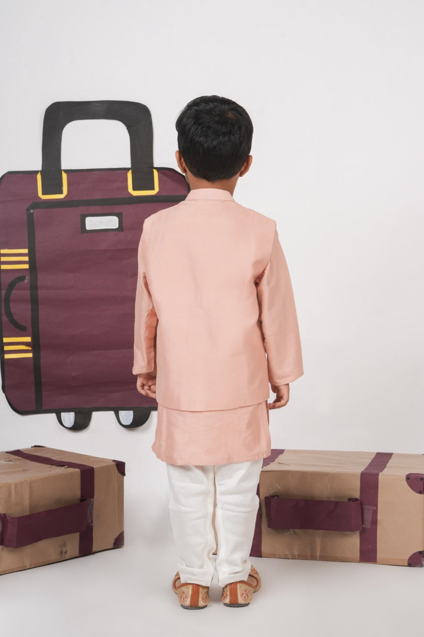 Onion Pink Kurta With Aeroplane/Clouds Hand Embroidered Bundi Jacket With Pajama Set