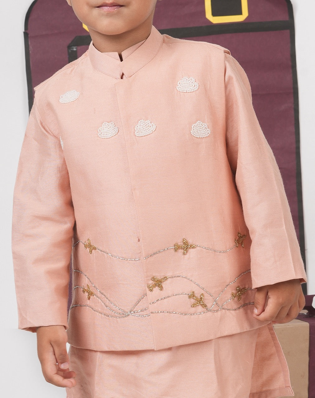 Onion Pink Kurta With Aeroplane/Clouds Hand Embroidered Bundi Jacket With Pajama Set