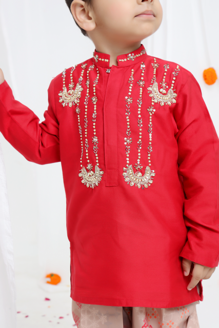 Redish Hand Embroidered Kurta With Beidge Geometrical Printed Dhoti Set