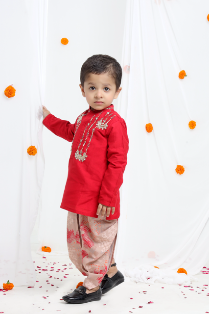 Redish Hand Embroidered Kurta With Beidge Geometrical Printed Dhoti Set