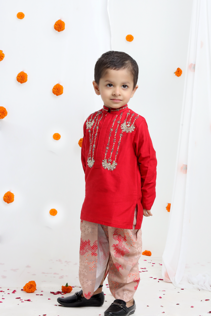 Redish Hand Embroidered Kurta With Beidge Geometrical Printed Dhoti Set