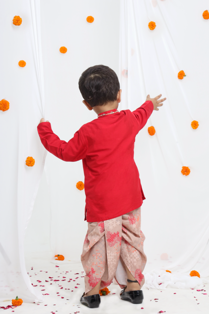 Redish Hand Embroidered Kurta With Beidge Geometrical Printed Dhoti Set