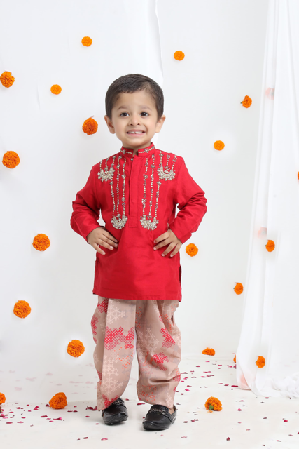 Redish Hand Embroidered Kurta With Beidge Geometrical Printed Dhoti Set