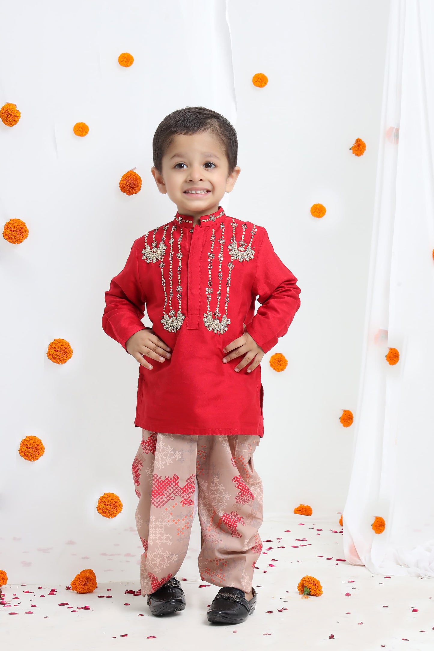 Redish Hand Embroidered Kurta With Beidge Geometrical Printed Dhoti Set