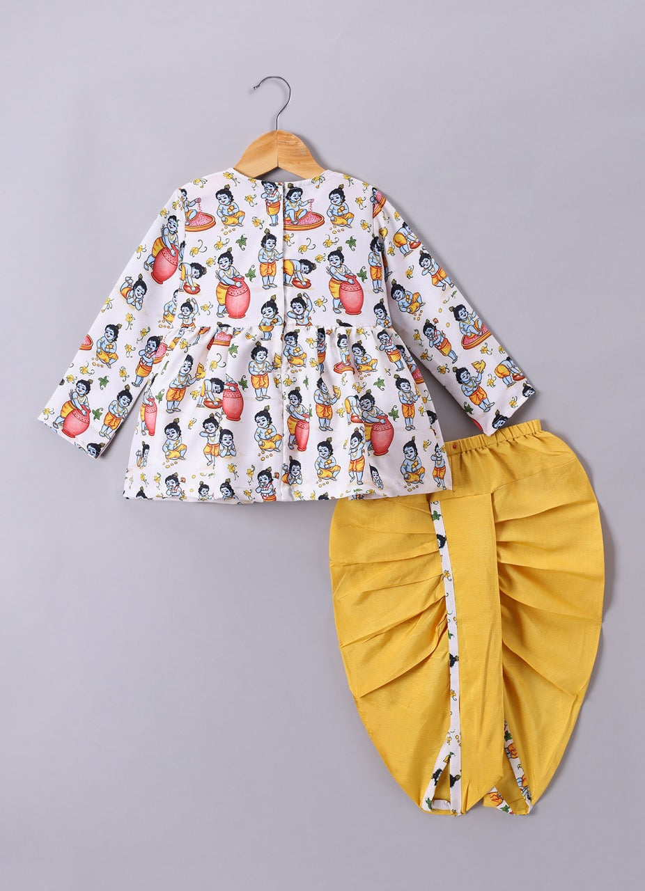 Krishna Printed With Embroidery On Kurta Flap With Dhoti Set