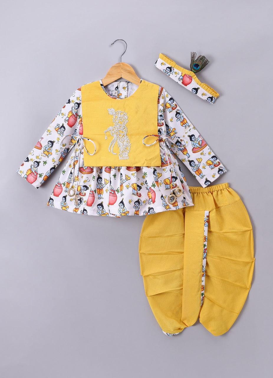 Krishna Printed With Embroidery On Kurta Flap With Dhoti Set