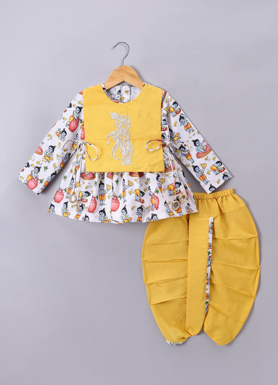 Krishna Printed With Embroidery On Kurta Flap With Dhoti Set