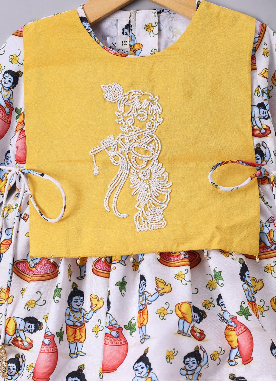 Krishna Printed With Embroidery On Kurta Flap With Dhoti Set