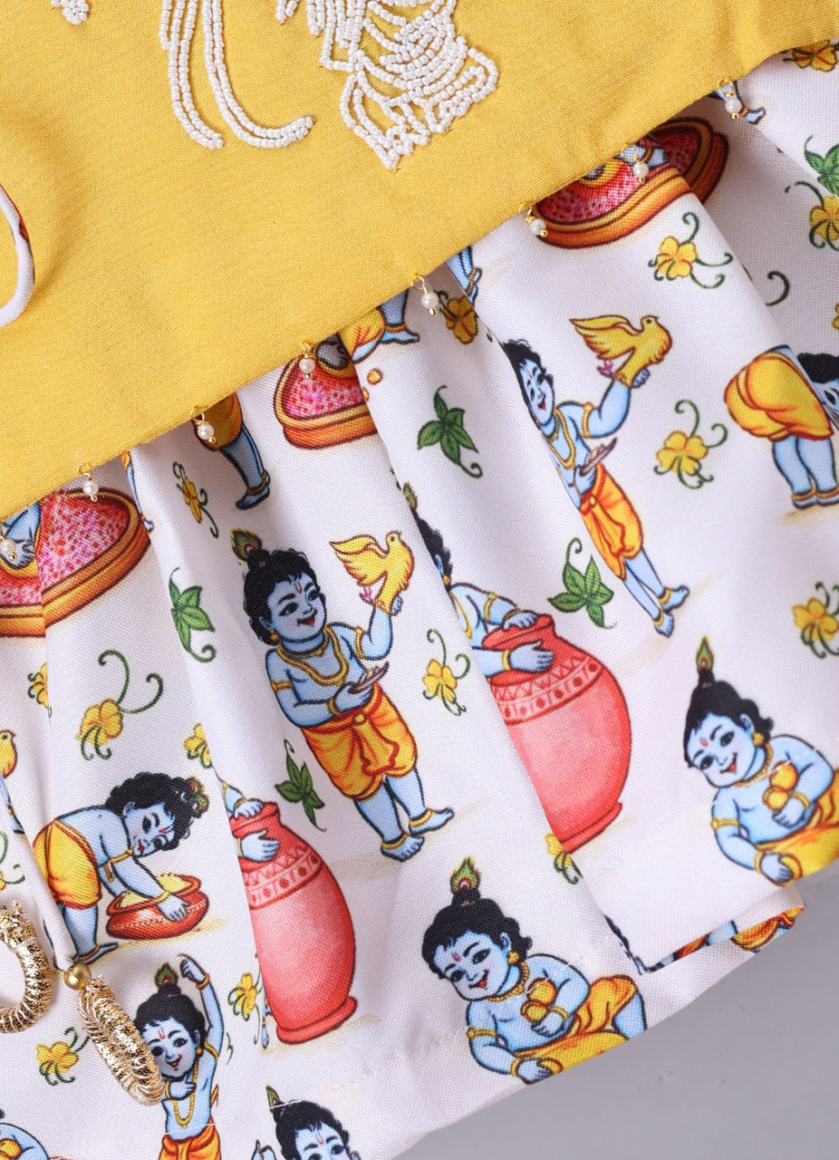 Krishna Printed With Embroidery On Kurta Flap With Dhoti Set