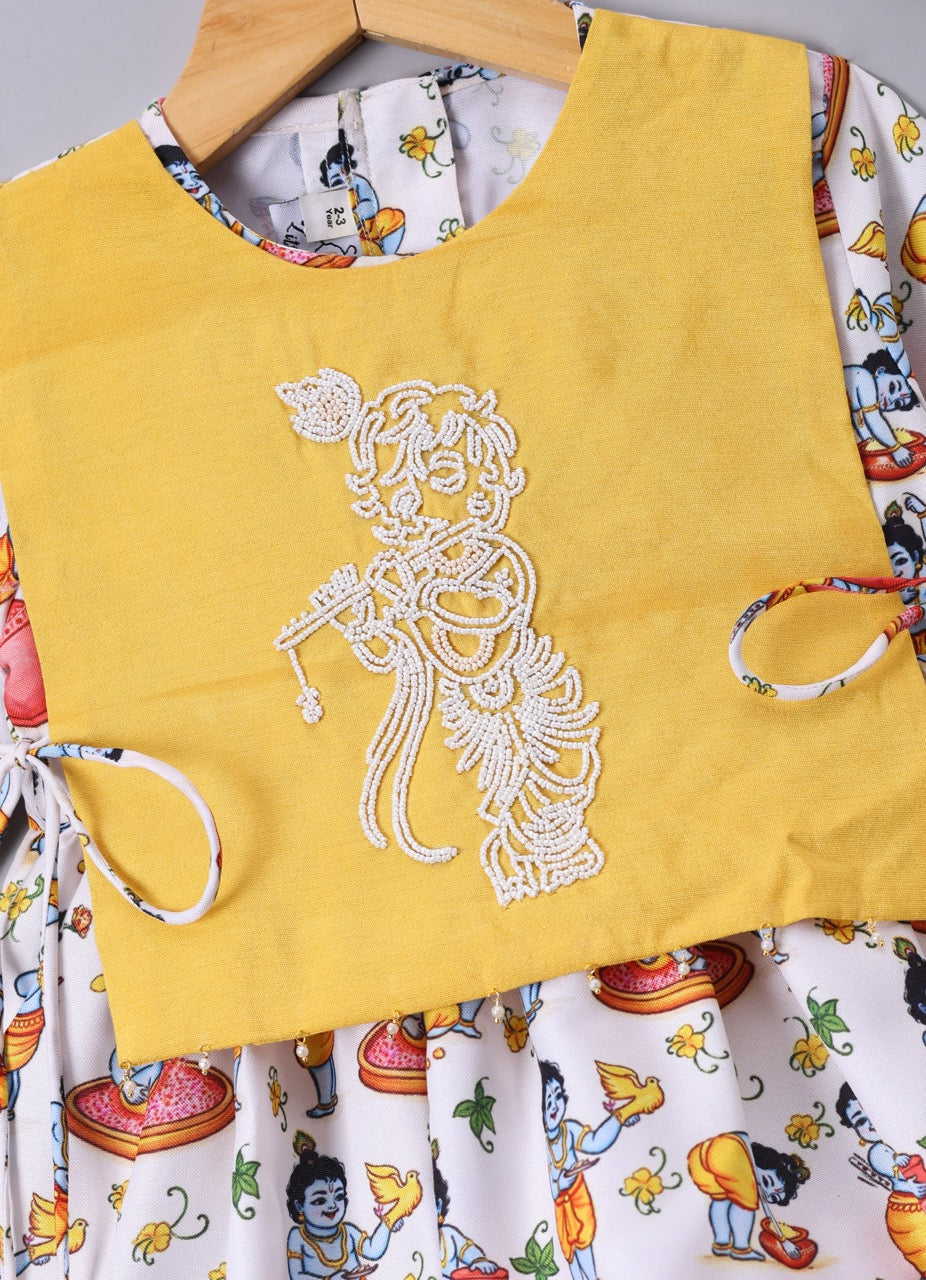 Krishna Printed With Embroidery On Kurta Flap With Dhoti Set