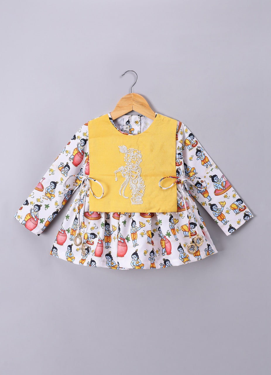 Krishna Printed With Embroidery On Kurta Flap With Dhoti Set