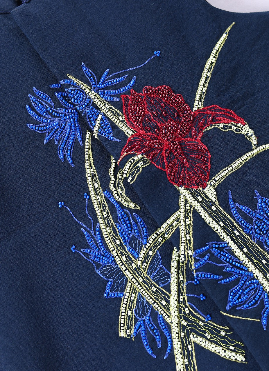 Dark Blue Kurta With Heavy Hand Embroidery On Bundi Jacket Pajama Set