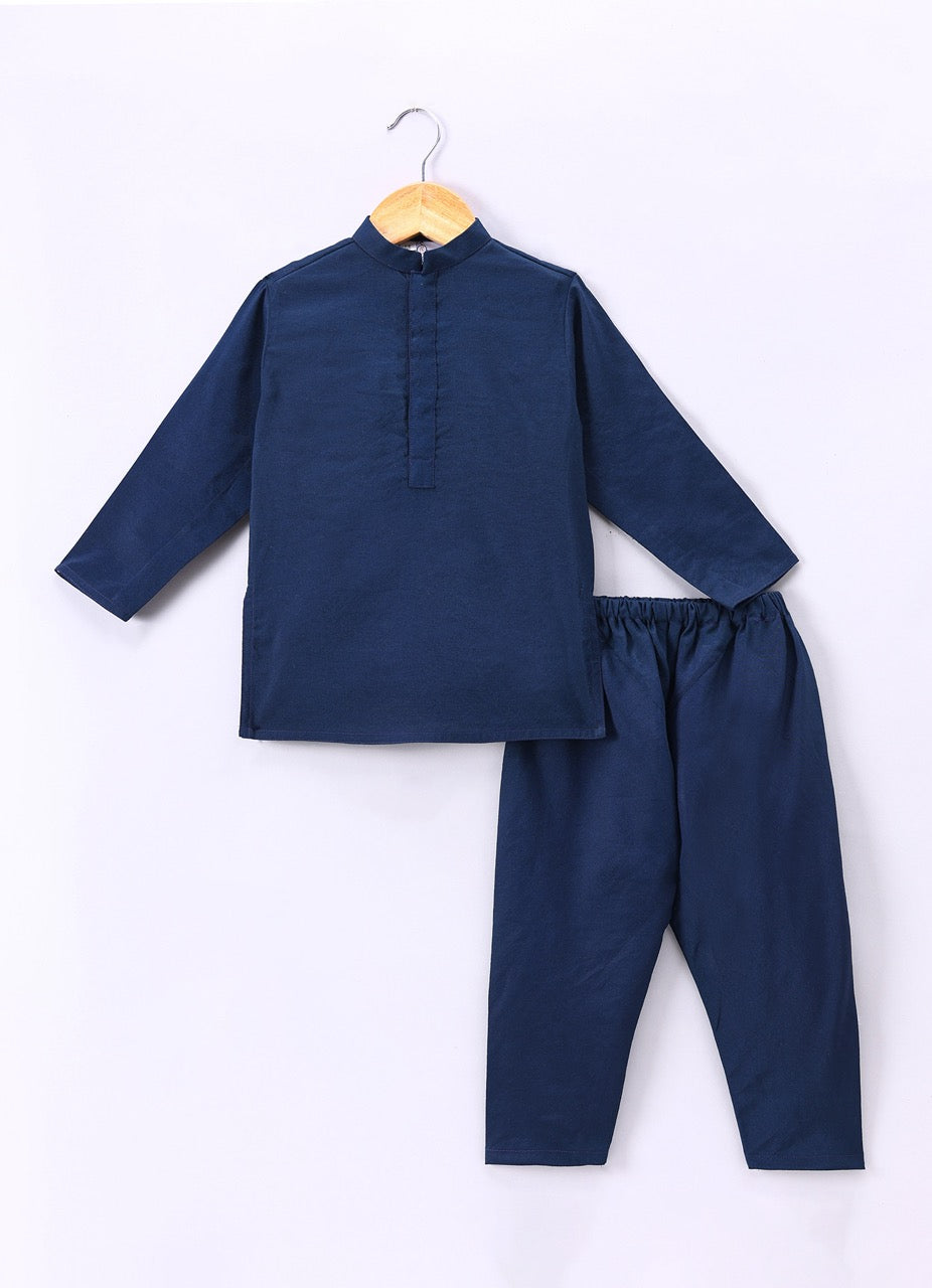 Dark Blue Kurta With Heavy Hand Embroidery On Bundi Jacket Pajama Set