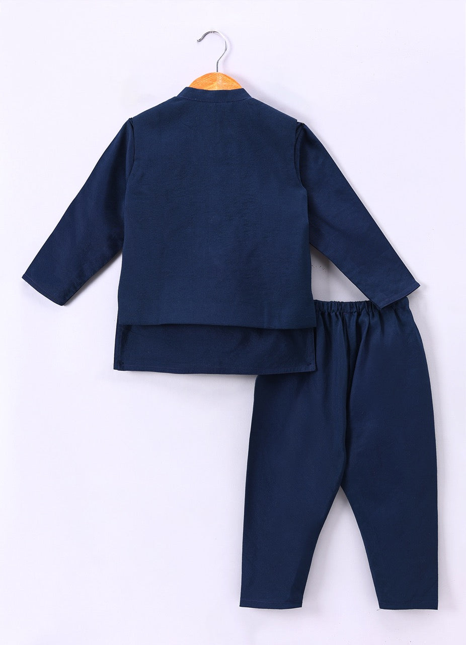 Dark Blue Kurta With Heavy Hand Embroidery On Bundi Jacket Pajama Set
