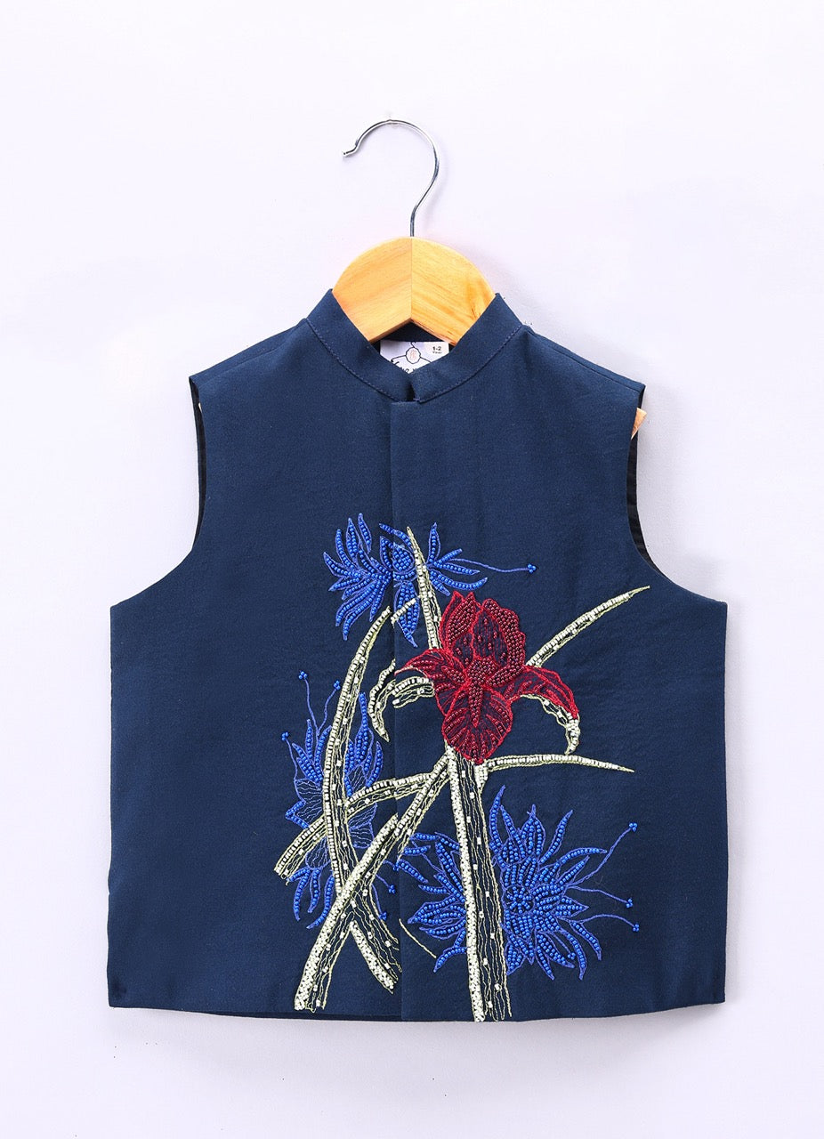 Dark Blue Kurta With Heavy Hand Embroidery On Bundi Jacket Pajama Set