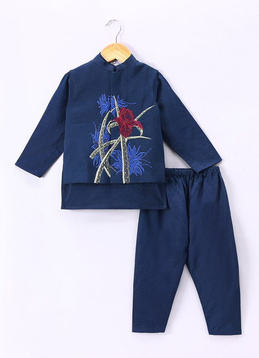 Dark Blue Kurta With Heavy Hand Embroidery On Bundi Jacket Pajama Set