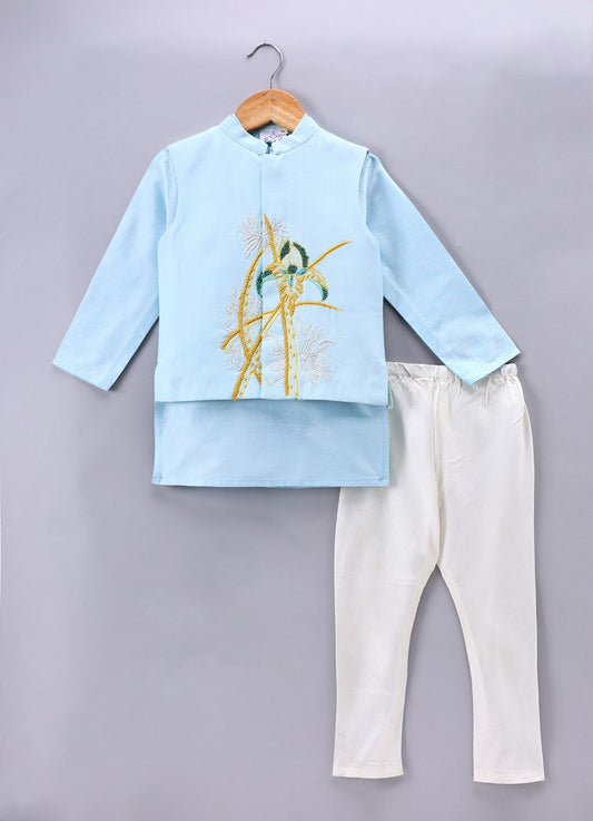 Light Blue Kurta With Heavy Hand Embroidery On Bundi Jacket Pajama Set