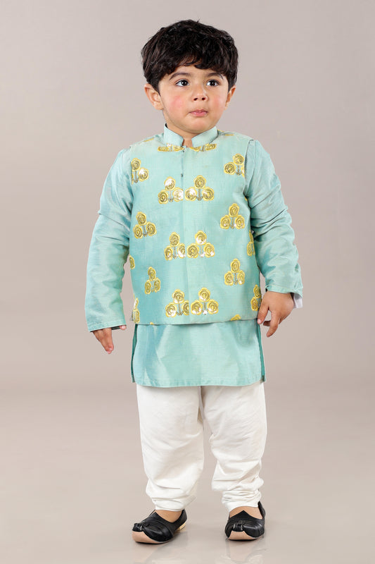 Aqua Blue Kurta With Flower Embroidery Jacket With Bottom Set