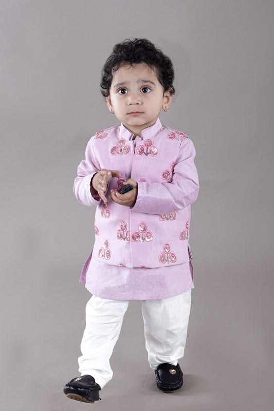 Lavender Kurta With Flower Embroidery Jacket With Bottom Set