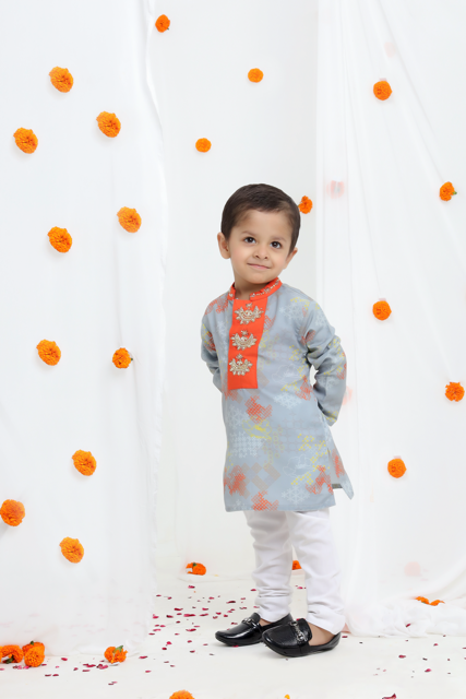 Grey Geometrical Printed Hand Embroidery Kurta With Pajama Set