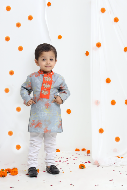 Grey Geometrical Printed Hand Embroidery Kurta With Pajama Set