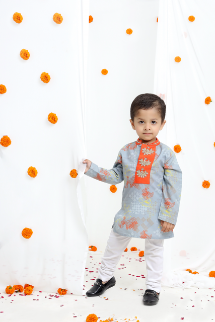 Grey Geometrical Printed Hand Embroidery Kurta With Pajama Set