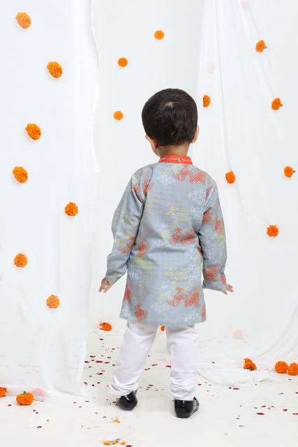 Grey Geometrical Printed Hand Embroidery Kurta With Pajama Set