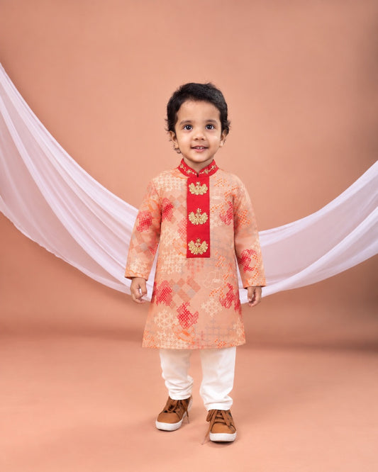 Beidge Geometrical Printed Hand Embroidery Kurta With Pajama Set