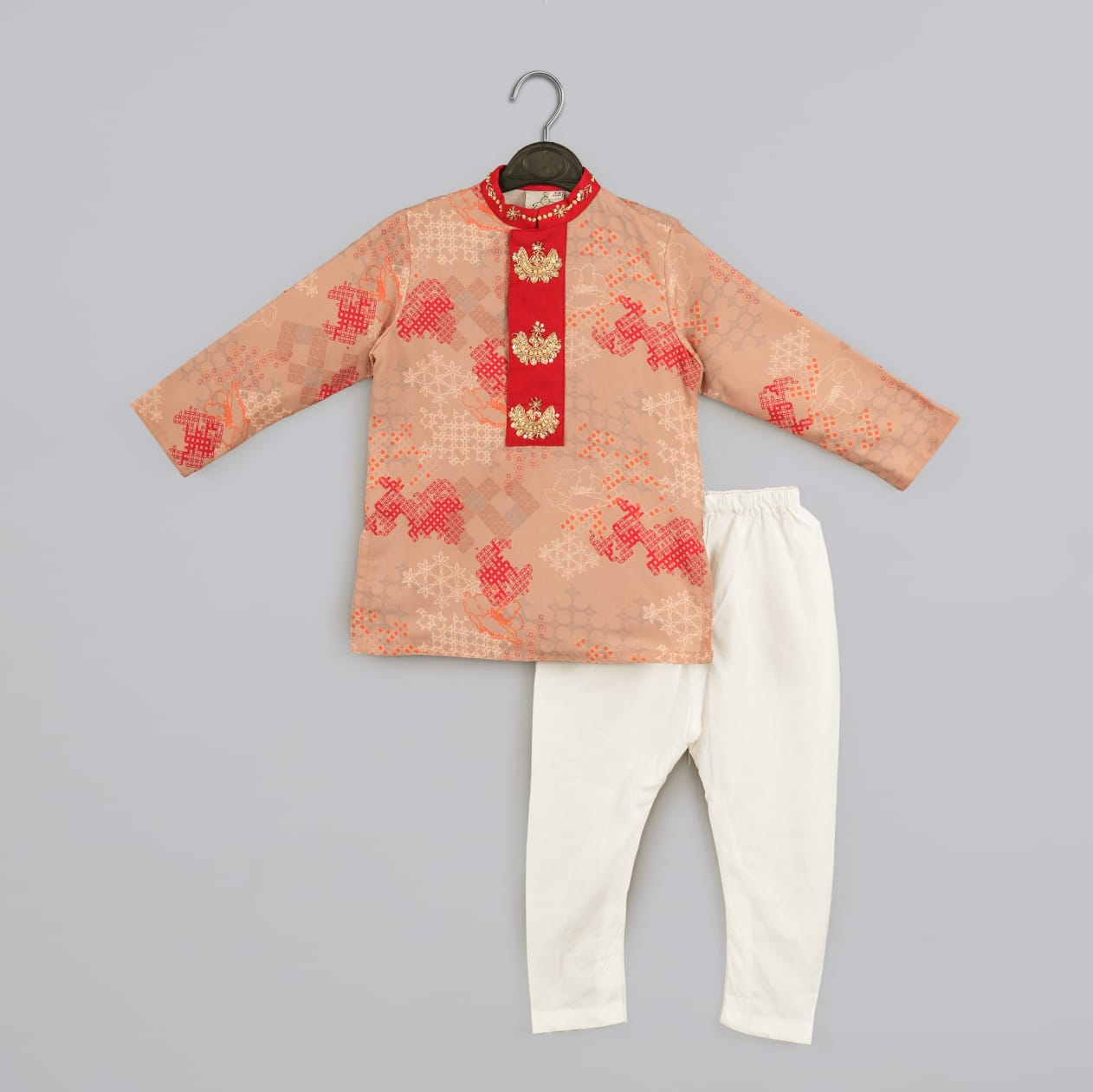 Beidge Geometrical Printed Hand Embroidery Kurta With Pajama Set