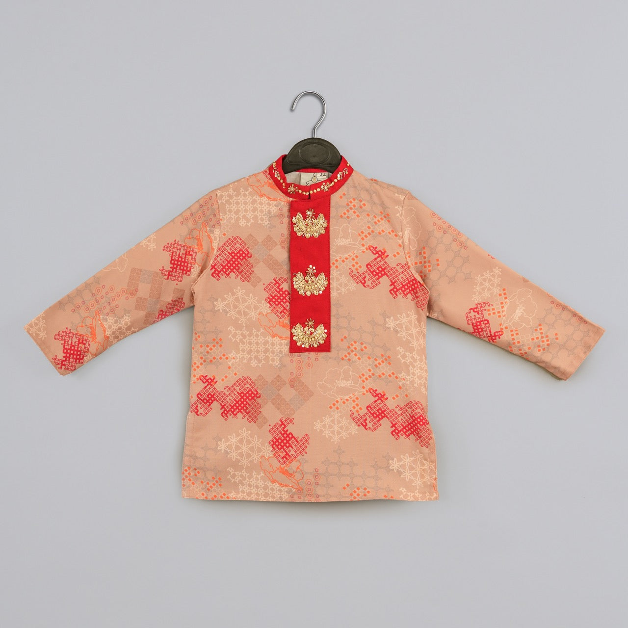Beidge Geometrical Printed Hand Embroidery Kurta With Pajama Set