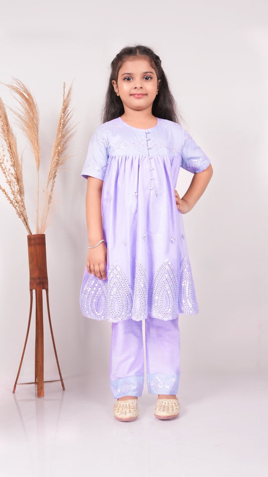 Lavender Mirror Embroidered Top With Pant Set