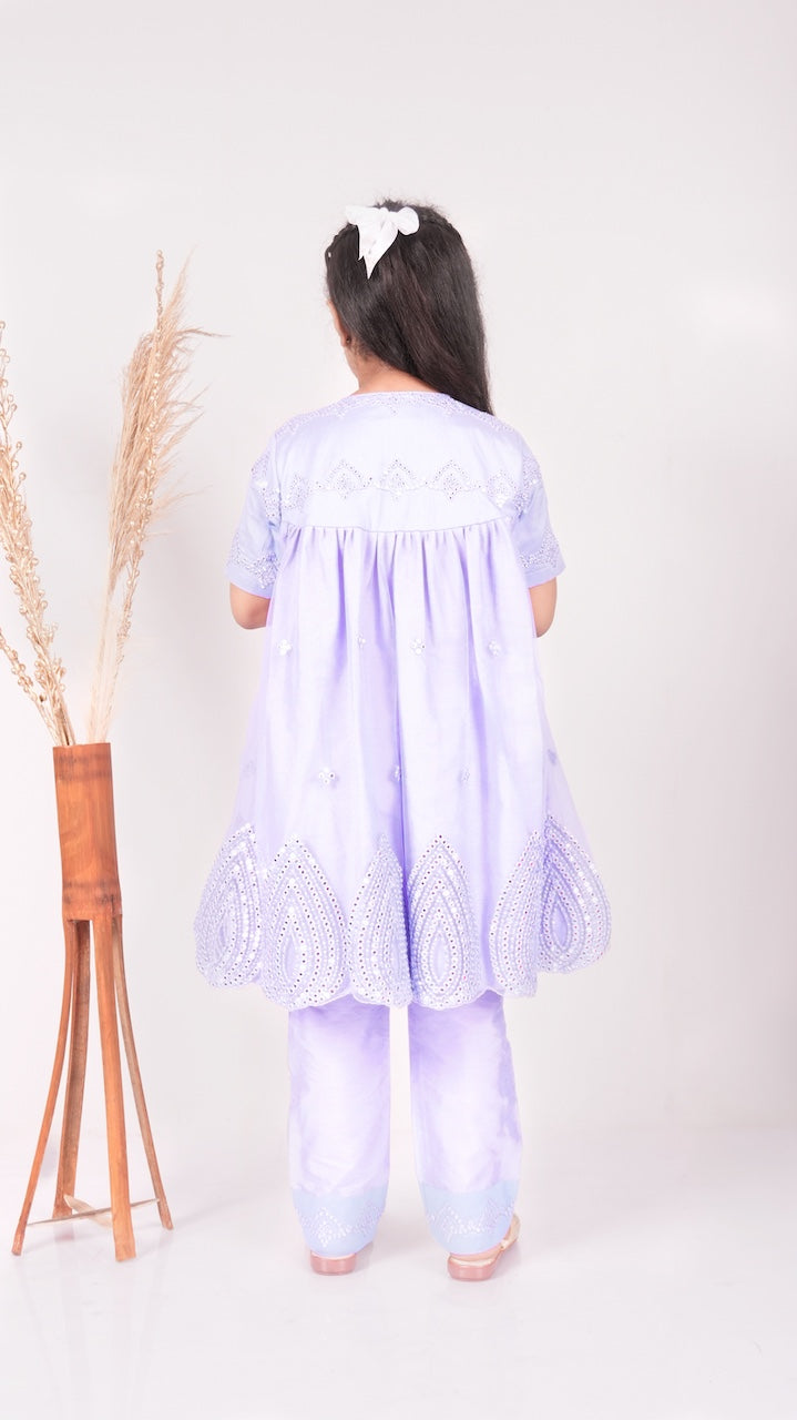 Lavender Mirror Embroidered Top With Pant Set