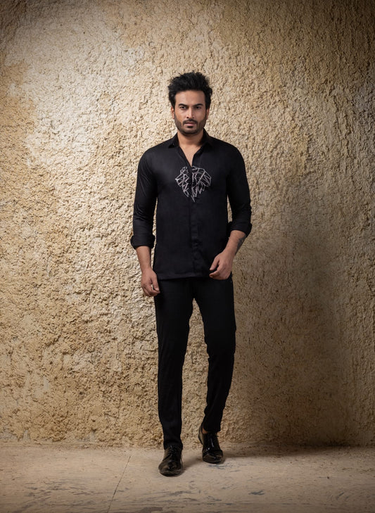 Black  Lion Hand Embroidery Full Mens Shirt