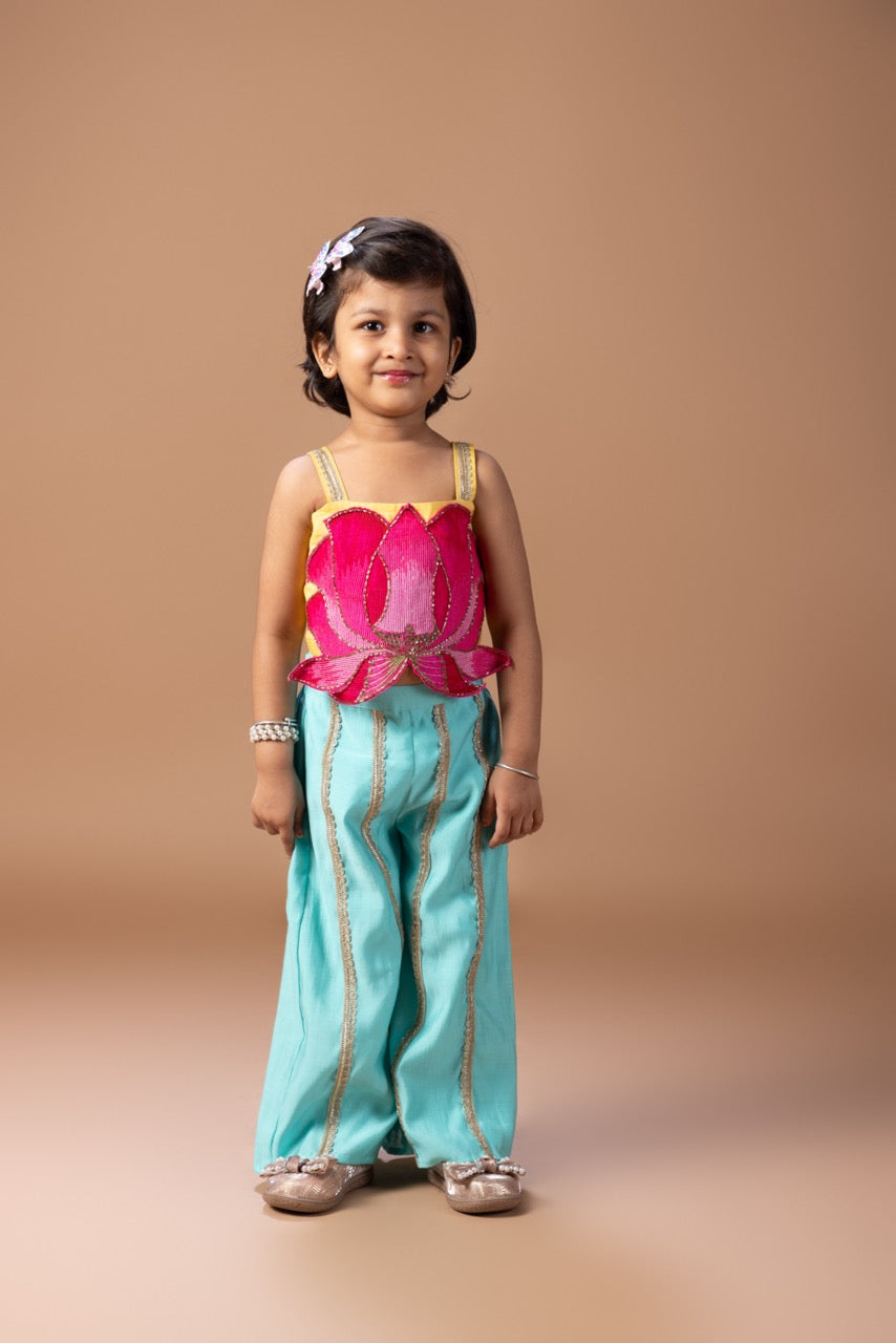 Lotus Heavy Embroidery Spagheti Top With Plazo Set