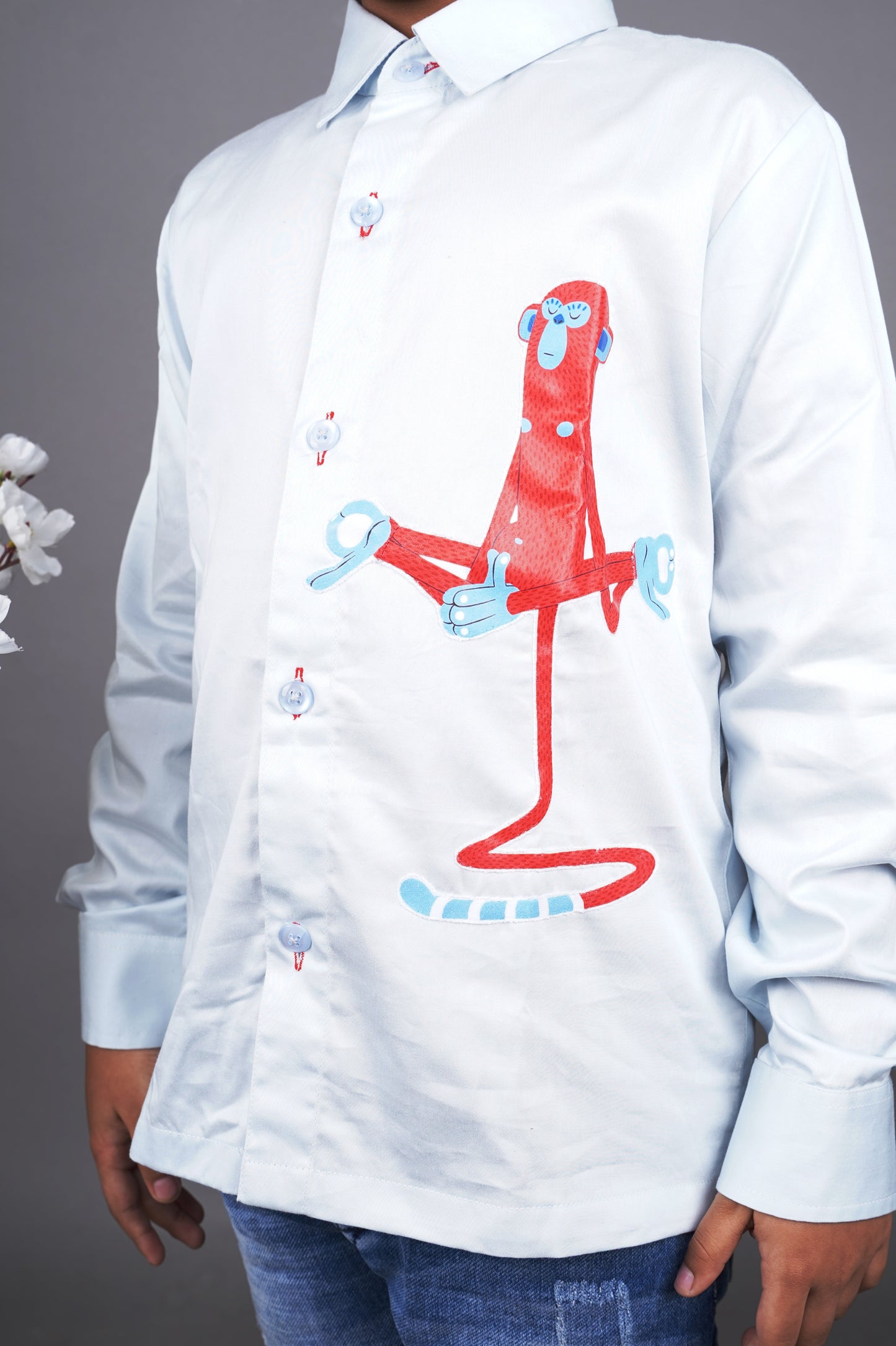 Sky Blue Full Shirt With Yoga Monkey Applique On One Side