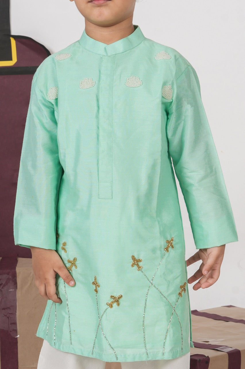 Mint Green Aeroplane/Clouds Hand Embroidery Kurta With Pajama Set