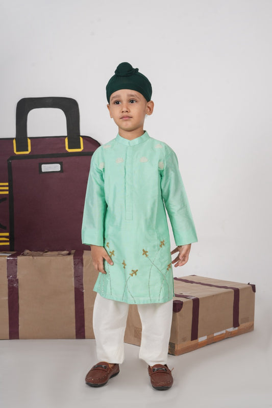Mint Green Aeroplane/Clouds Hand Embroidery Kurta With Pajama Set
