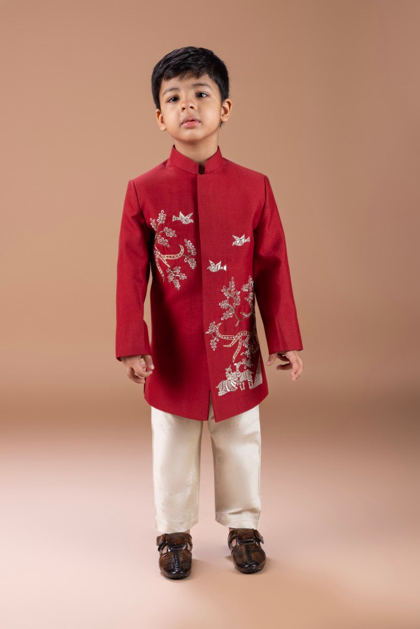 Marun Front Open Sherwani With Hand And Thread Embroidery Animal/Bird And Tree Branches With Pajama Set