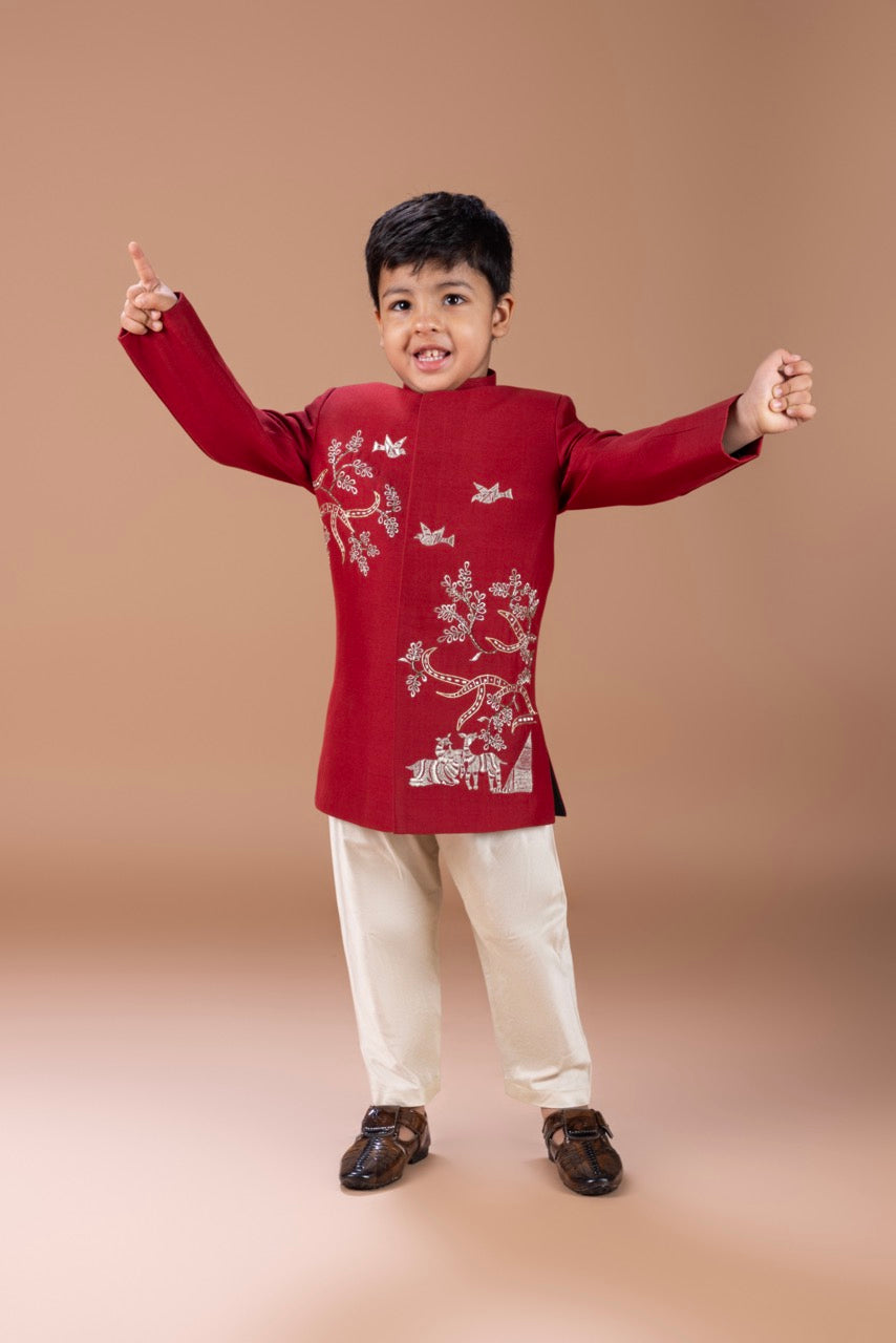 Marun Front Open Sherwani With Hand And Thread Embroidery Animal/Bird And Tree Branches With Pajama Set