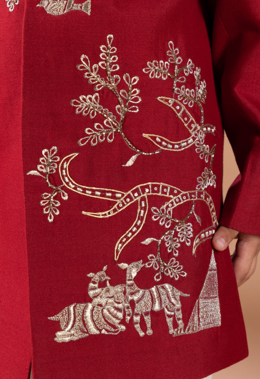 Marun Front Open Sherwani With Hand And Thread Embroidery Animal/Bird And Tree Branches With Pajama Set