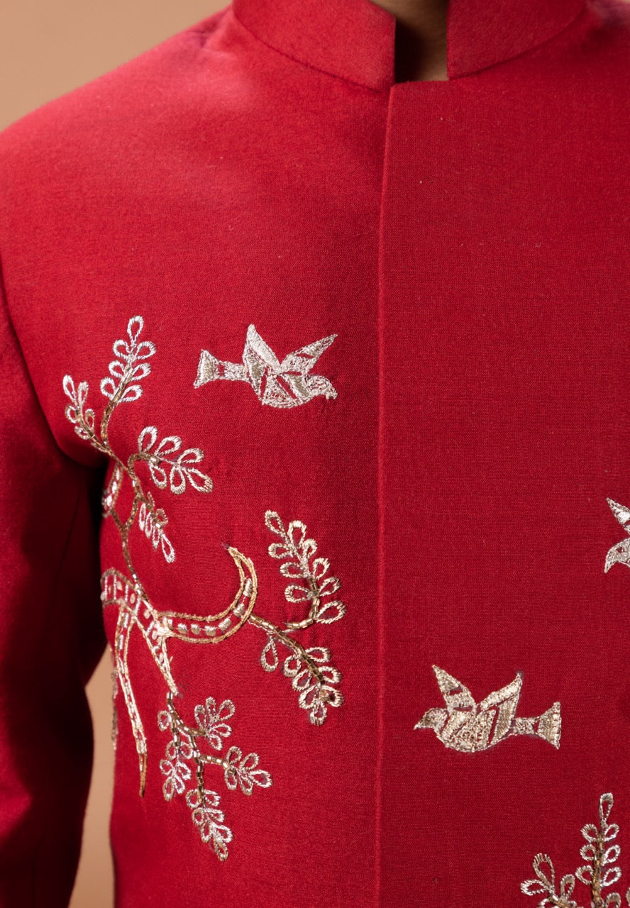 Marun Front Open Sherwani With Hand And Thread Embroidery Animal/Bird And Tree Branches With Pajama Set